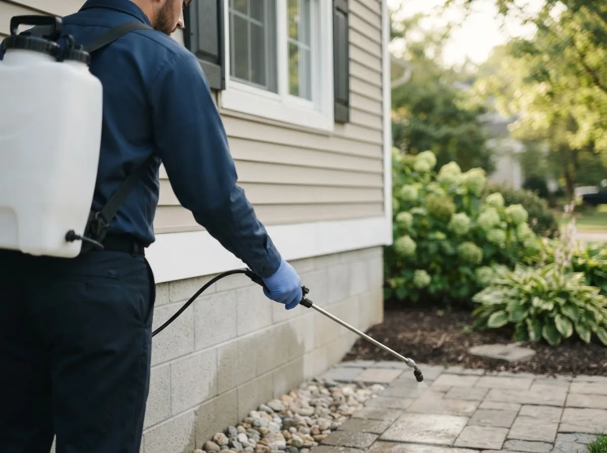 Pest control technician inspecting a home in Bessie, OK